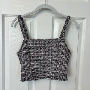 Juniors Black & Pink Boucle Tweed Square Neck Crop Top Fitted Cami Size S